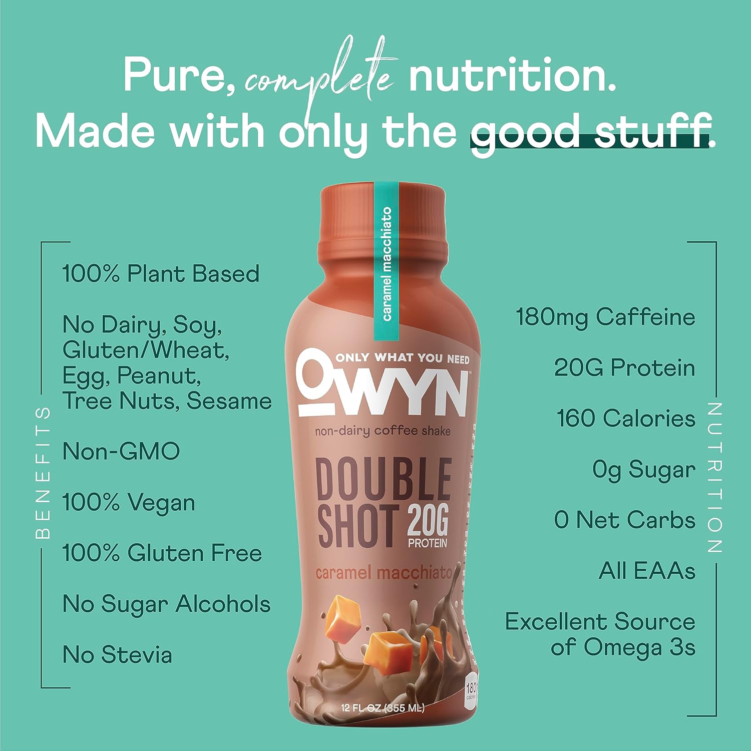 OWYN Only What You Need Double Shot Dairy Free Keto Protein Coffee Shake, Caramel Macchiato, 0g Sugar, 20g Plant Based Protein, 180mg Caffeine, Gluten & Soy Free, Non-GMO, Vegan (12 Pack, 12 Fl Oz) - Image 3