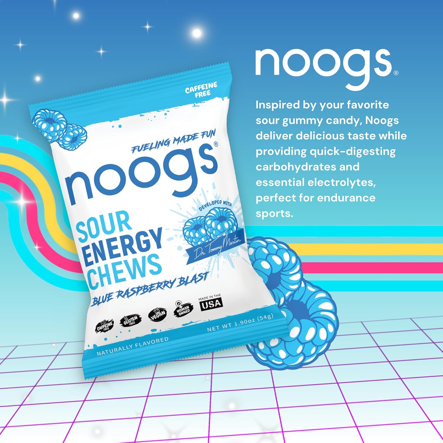 Noogs Sour Energy Chews, Blue Raspberry Blast Electrolyte Energy Gummies, Sour Candy Flavored Alternative to Running Gels, Vegan, Gluten Free & Caffeine Free, 12 Pack - Image 2
