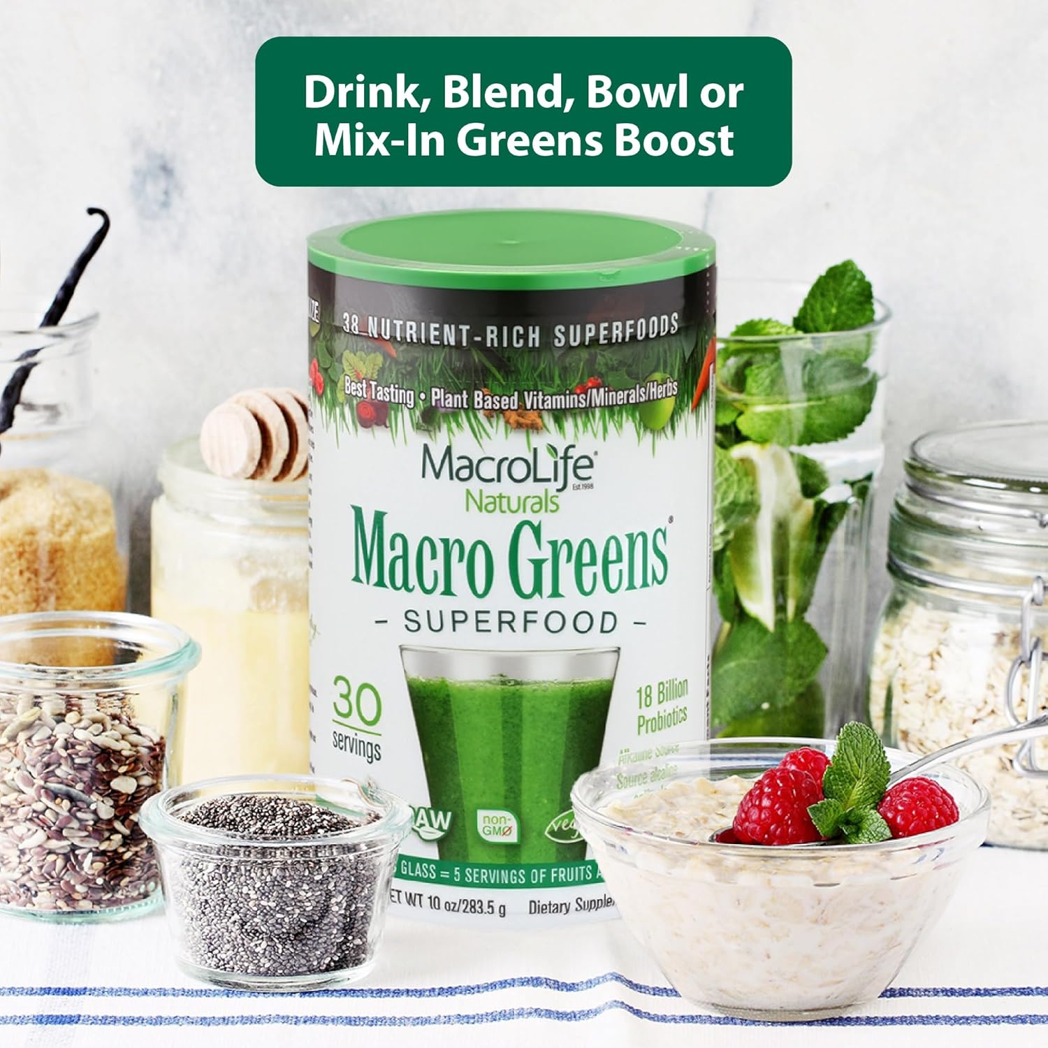 MacroLife Macro Greens Powder 38 Superfood Probiotics Antioxidants Digestive Enzymes & Adaptogen Supplement - Daily Super Green Juice & Smoothie Mix - Non-GMO Vegan Gluten-Free - 10oz (30 Servings) - Image 8