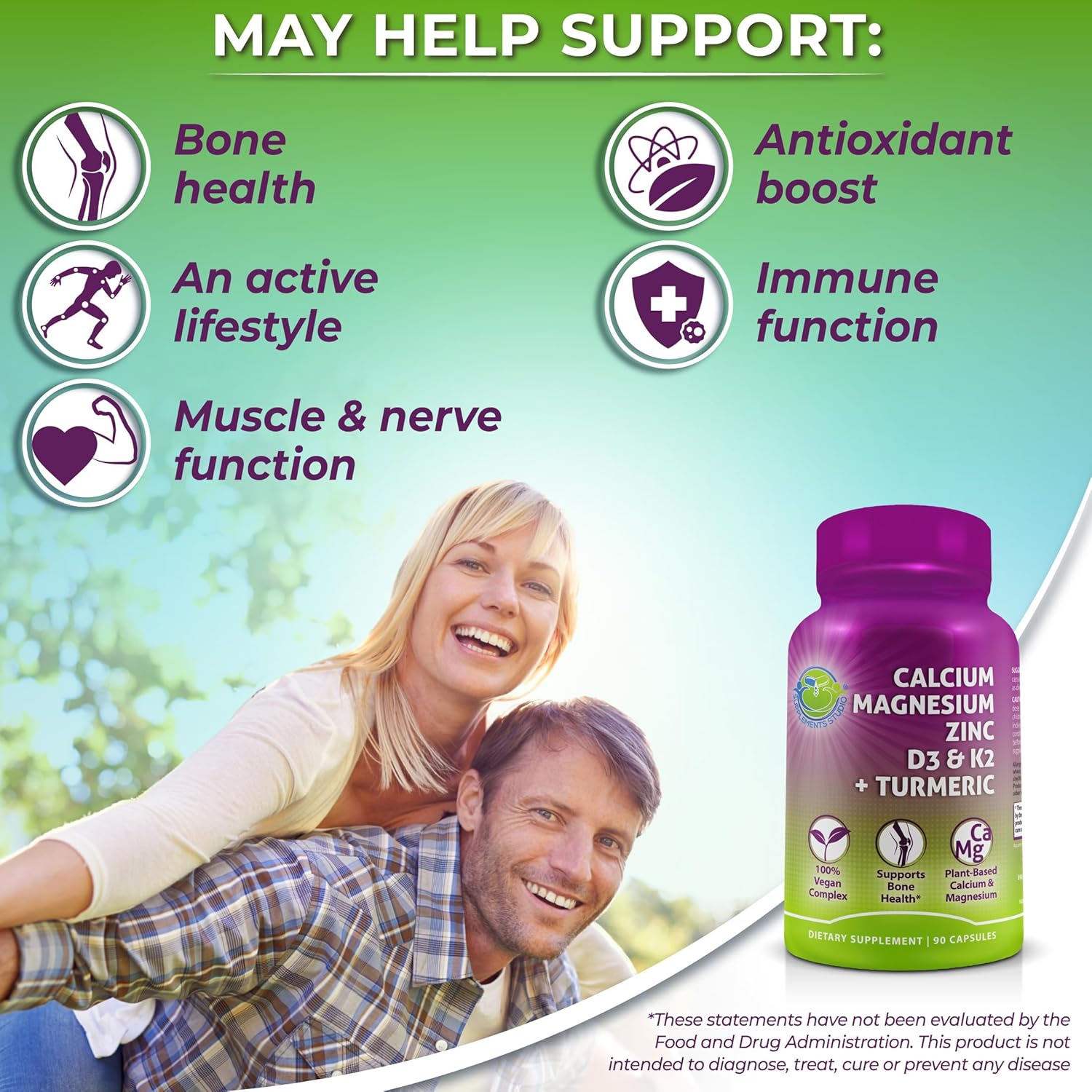Plant-Based Calcium 500mg (Aquamin) – Vegan Calcium Magnesium Zinc D3 with Vitamin K2 & Organic Turmeric – Enhanced Bone and Muscle Health & Strength, Immune Support for Women & Men - 90 Count - Image 3
