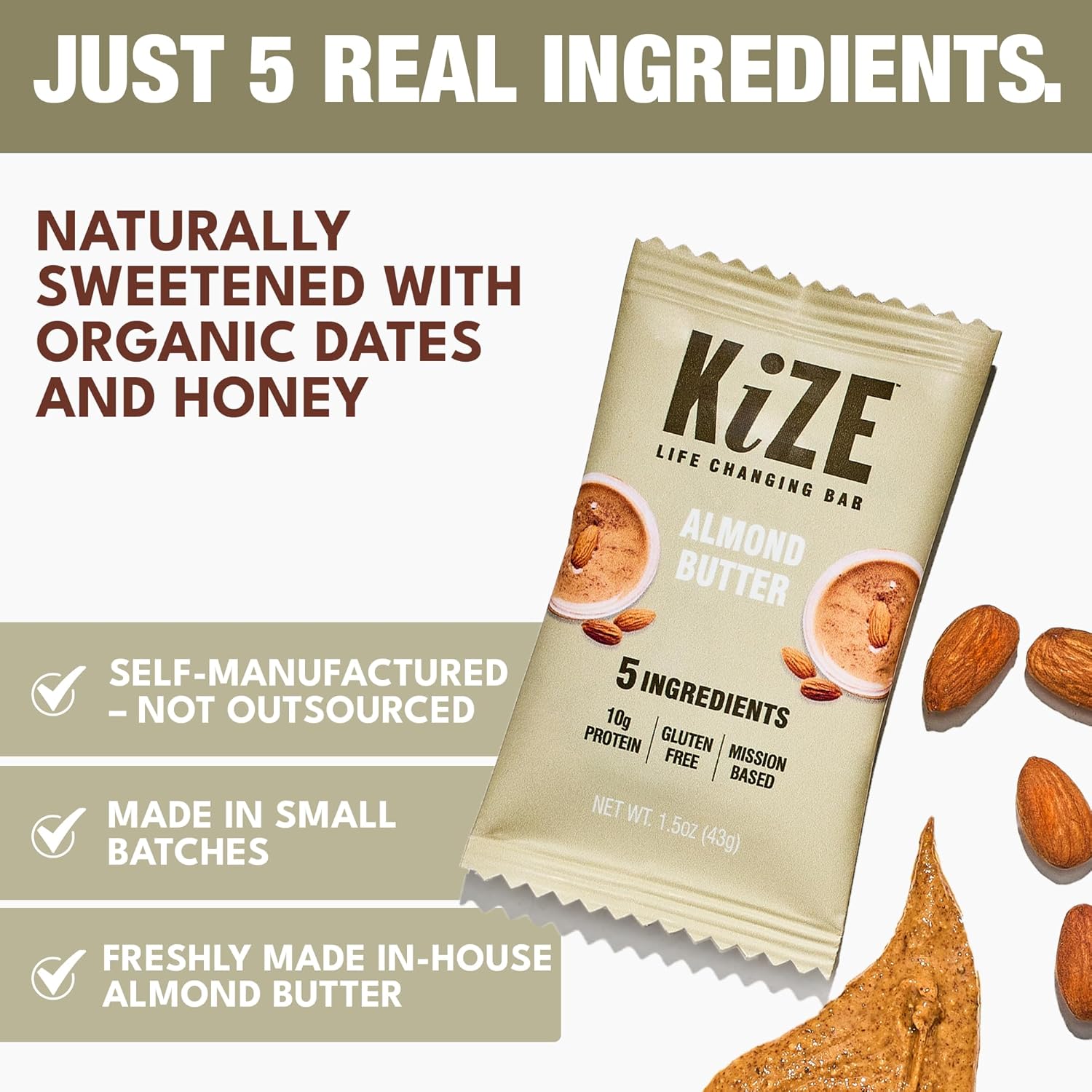 KiZE Energy Bars - Almond Butter - Almond-Butter-Based, Gluten Free, Non-GMO, and High Protein Meal Replacement Energy Bars, Clean and Simple Food Ingredients - 10g High Protein Snacks, (10 Count) - Image 3
