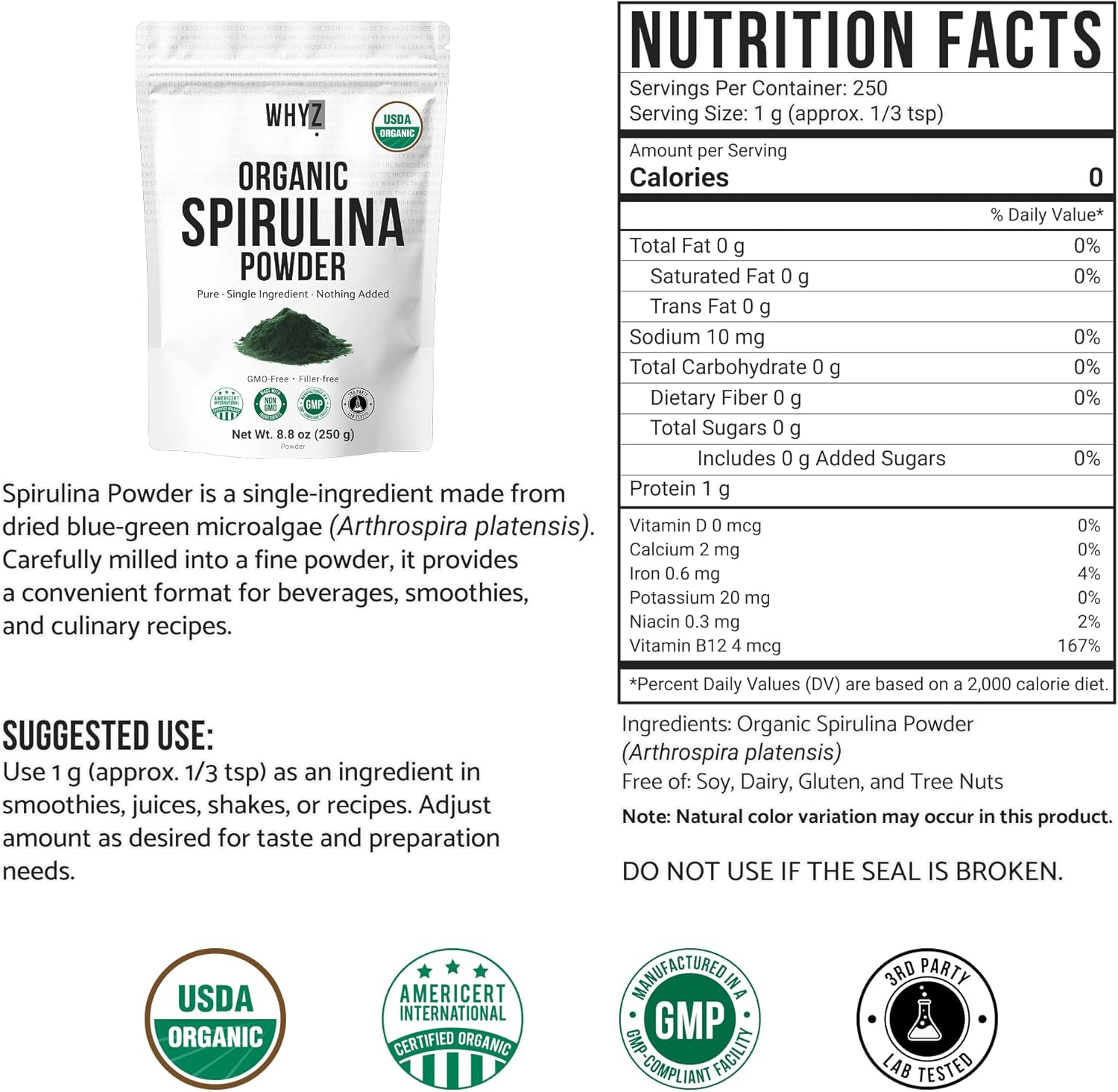 WHYZ Organic Spirulina Powder, 250g, Protein-Rich Spirulina Supplement, Organic Superfood for Immune Support, Green Spirulina Powder Organic Non GMO for Smoothies & Recipes (8.8 oz) - Image 2