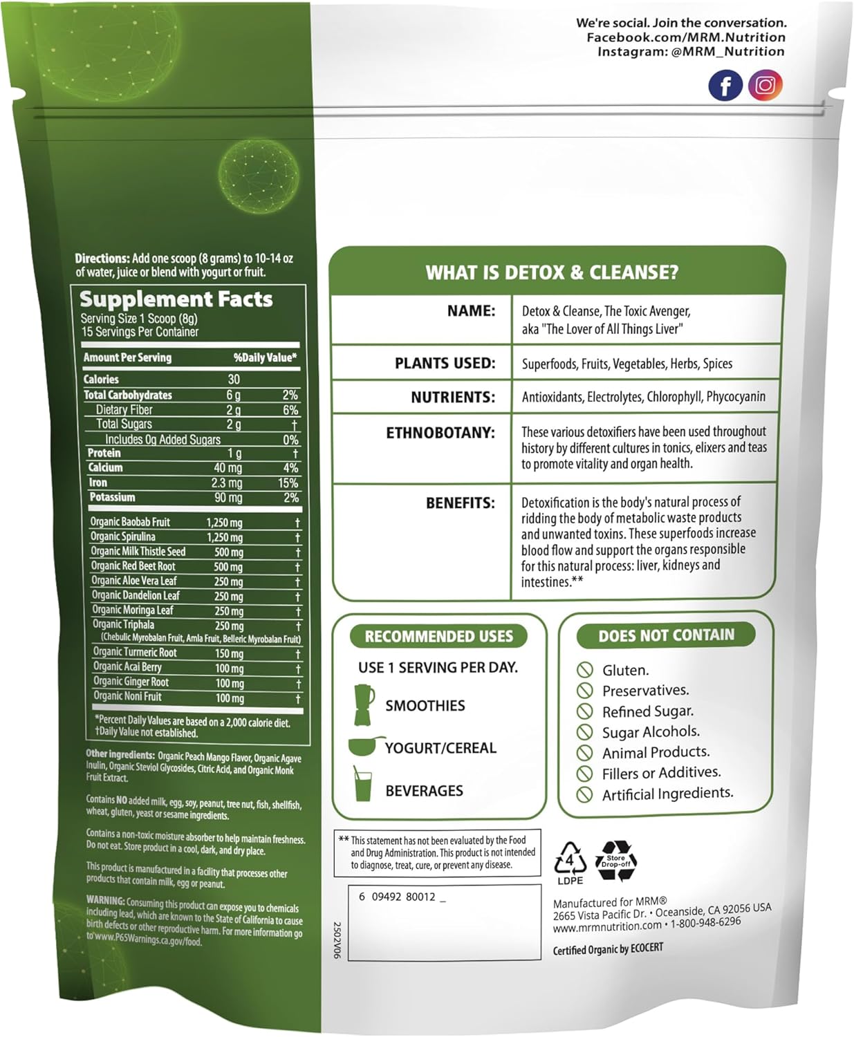 MRM Organic Detox and Cleanse Powder - For Women & Men - Daily Drink Mix with Superfoods, Antioxidants, Chlorophyll, Phycocyanin, Vegan, Organic, Gluten-Free, Peach Mango Flavor - 15 Servings - Image 2