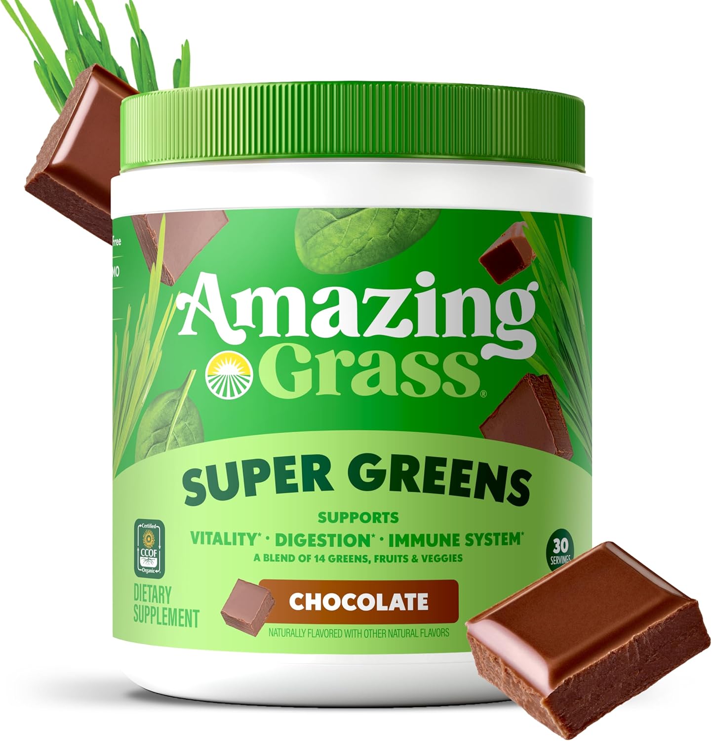 Amazing Grass Greens Superfood Powder: Greens Powder with Digestive Enzymes & Probiotics, Organic Spirulina, Chlorella, and Beet Root Powder, Chocolate, 30 Servings - Image 2