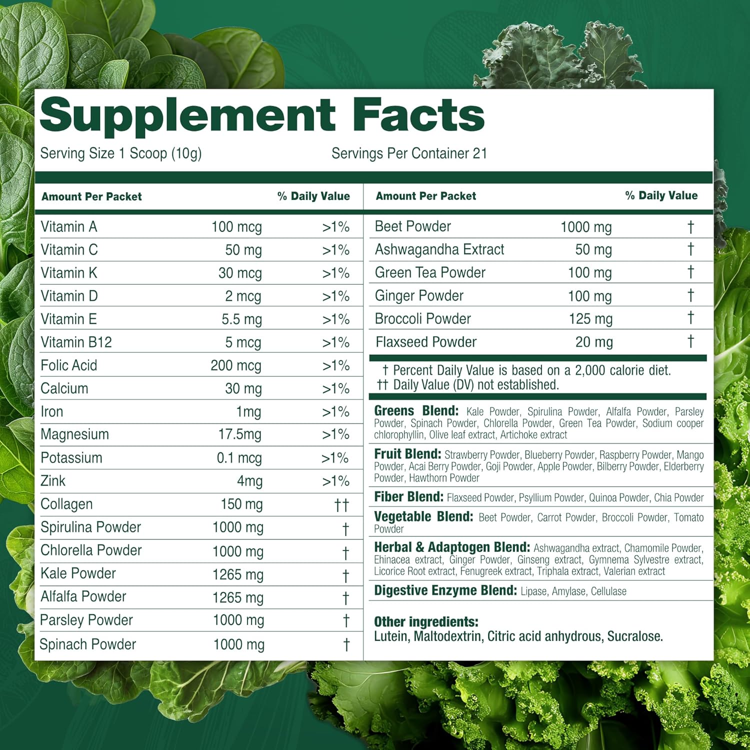 Total Tea Super Greens Powder, Greens, Fruits, Vegetables, Vegan Drink with Spirulina, Chlorella and Vitamins 21 Servings - Original - Image 2
