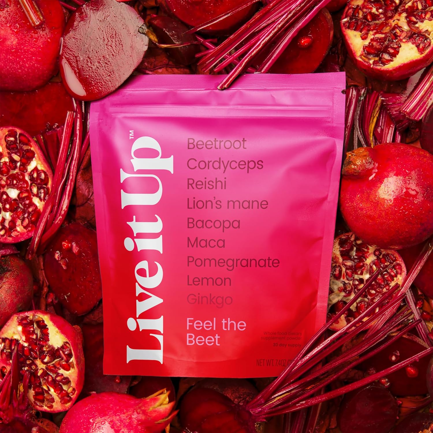 LIVE IT UP | Feel the Beet: Beetroot Powder with Superfood Vitality Blend | Supports Energy, Endurance, and Clarity | Contains Ginkgo, Beetroot, Plant-Based Nitrates, Antioxidants, and Adaptogens - Image 9