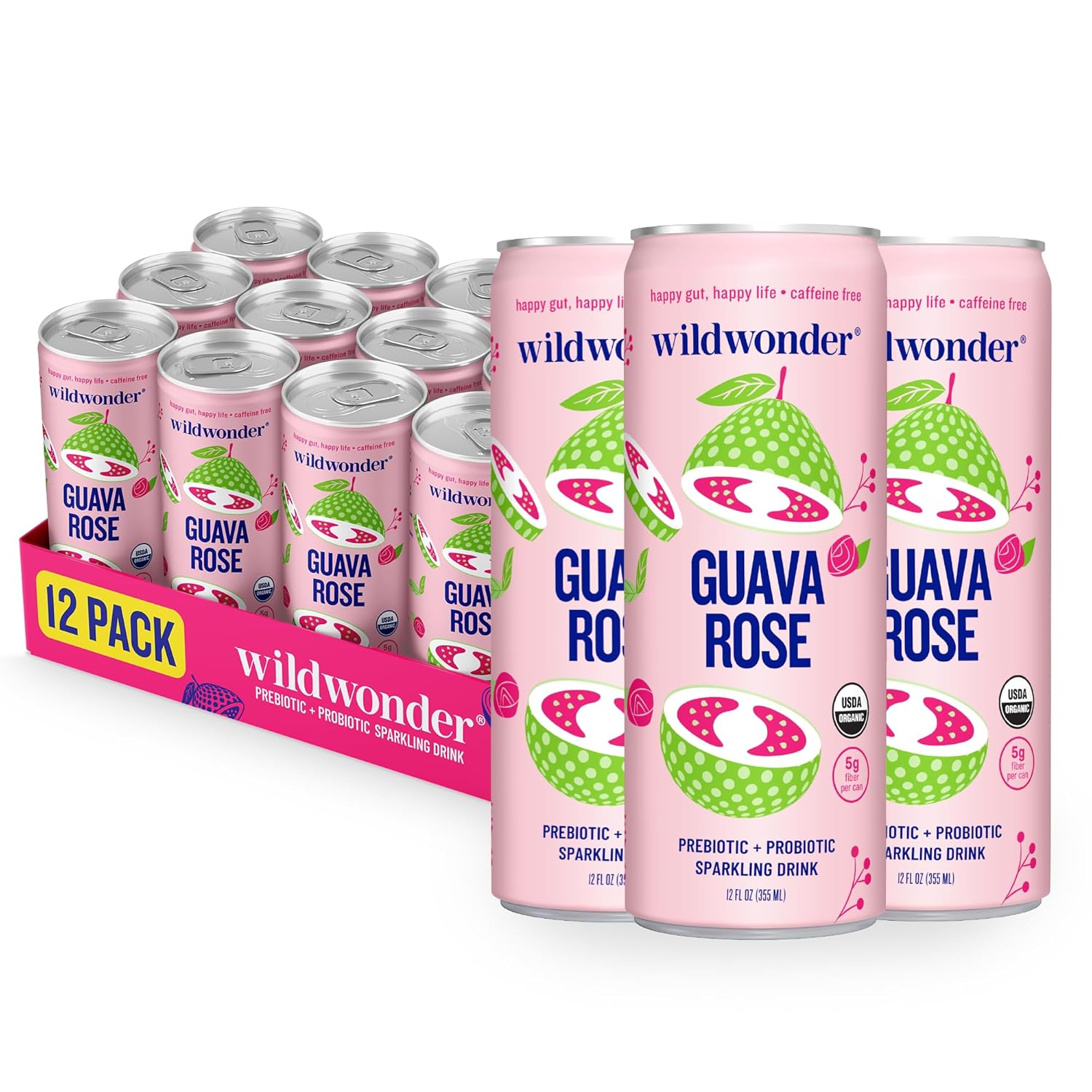 wildwonder Sparkling Probiotic Drink 12pk, for Gut Health & Immune Support, Guava Rose, 5 G Prebiotic Fiber, Live Probiotics, Organic, Vegan, Low Sugar, 12 Pack, 12 Oz Can, As Seen on Shark Tank