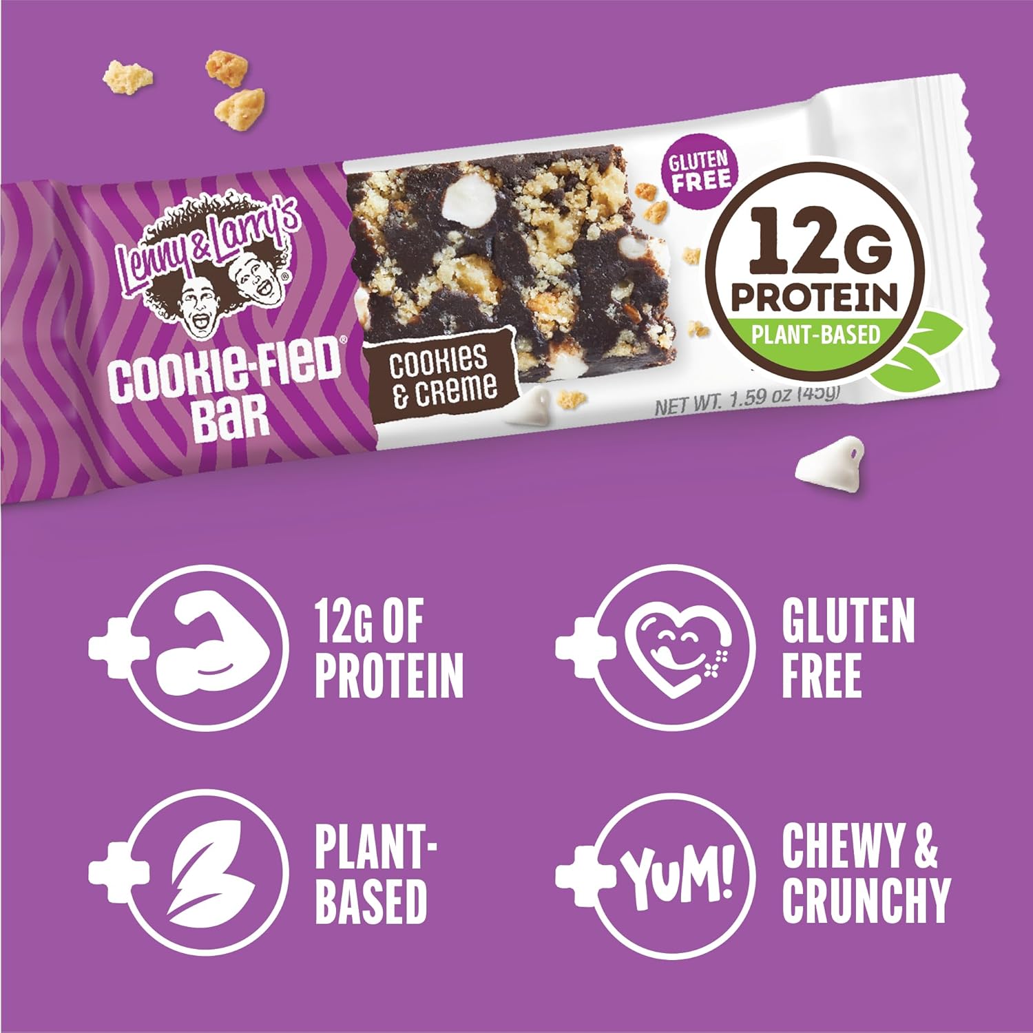 Lenny & Larry's Cookie-fied Protein Bar – Cookies & Creme Vegan Protein Bars 9x45g – Healthy Snacks with 12g Plant Protein & 5g Fiber – Gluten Free Power Bar, Non-GMO & Vegan - Image 3