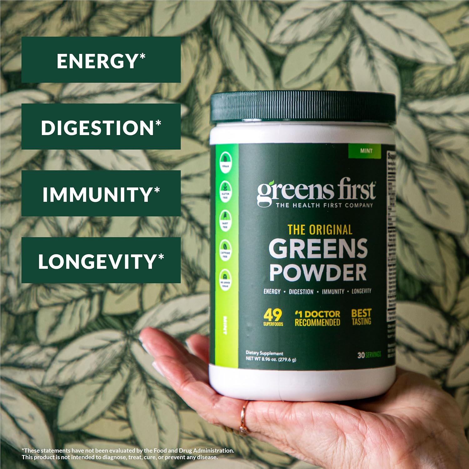Greens First Original Greens Powder - 49 Superfoods - Organic Fruits & Veggies - Prebiotics, Probiotics & Digestive Enzymes - Antioxidant Smoothie - Dairy Free, Vegan & Non-GMO (Mint, 30 Servings) - Image 2