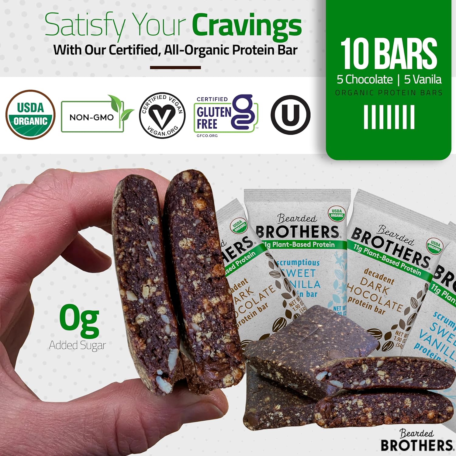 Bearded Brothers Organic Vegan Energy Bars - Gluten & Soy Free, Paleo, Whole 30 | Non GMO, Low Glycemic, High Protein, Fiber (10 Pack, Protein Variety) - Image 6