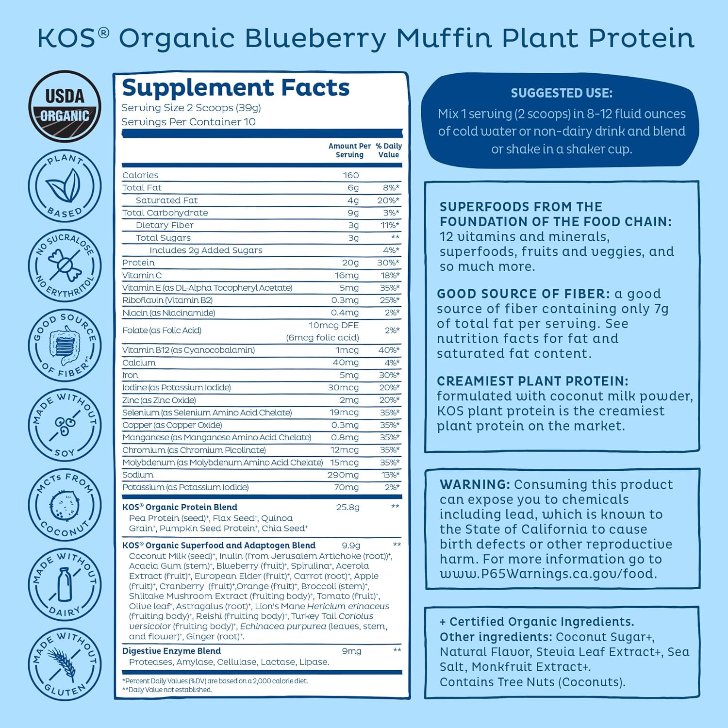 KOS Plant Based Protein Powder, Blueberry Muffin - Organic Pea Protein Superfood with Spirulina and Immune Support Blend. Soy, Gluten, Dairy Free - Vegan Meal Replacement for Women & Men - 10 Servings - Image 9