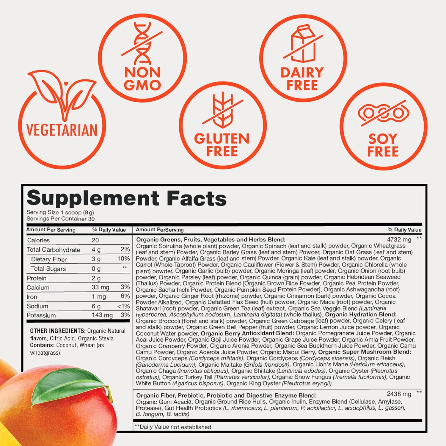 Zena Nutrition Organic Super Greens Powder, 70+ Superfoods, 0 Sugar, 3G Fiber, Spirulina, Chlorella, Mushrooms, Prebiotics/Probiotics, Digestive Enzymes for Gut Health, Mango, 30 Servings - Image 4