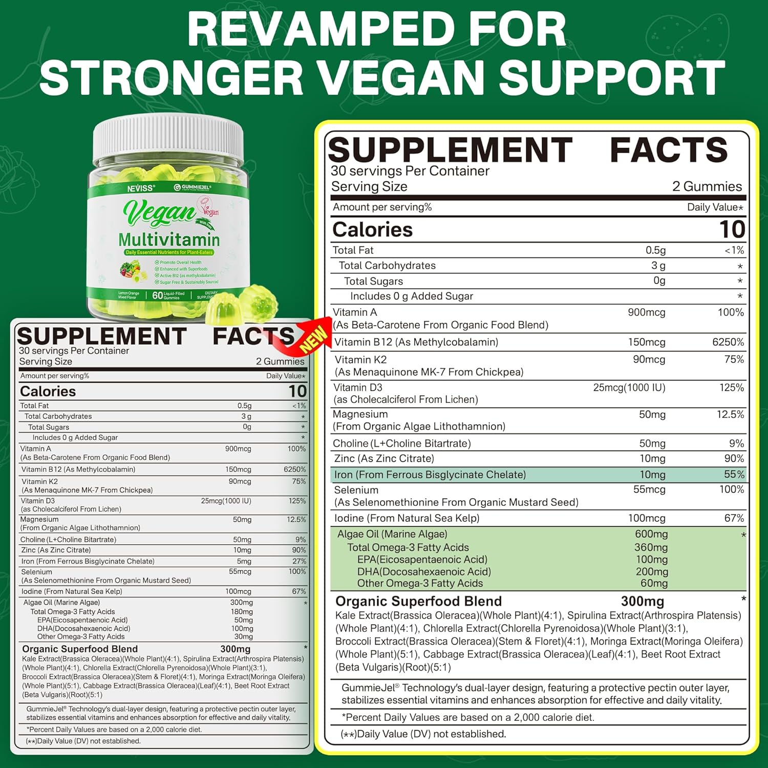 NEVISS Vegan Multivitamin for Women & Men w/Methyl B12, D3 K2, Plant Based Omega 3 (DHA+EPA), Iron, Choline, Zinc, Whole Food Daily Vitamins Gummies for Vegans & Vegetarians, Sugar Free, 60Cts - Image 2