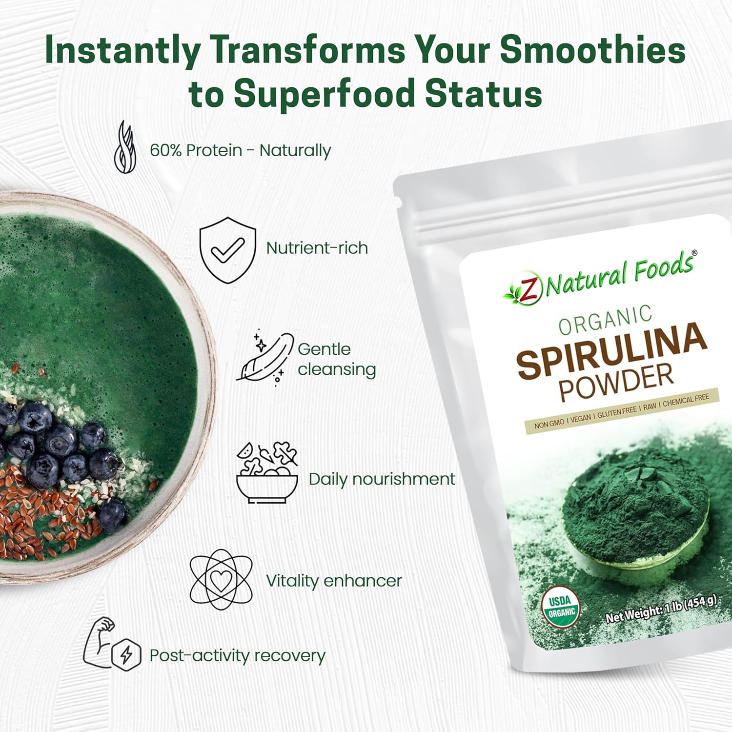 Z Natural Foods Organic Spirulina Powder - 100% Pure Spirulina, Nutrient-Dense Blue-Green Algae Superfood with Amino Acids, 15x Beta-Carotene - Mix in Smoothies, Yogurt, Recipes, 1 lb - Image 3