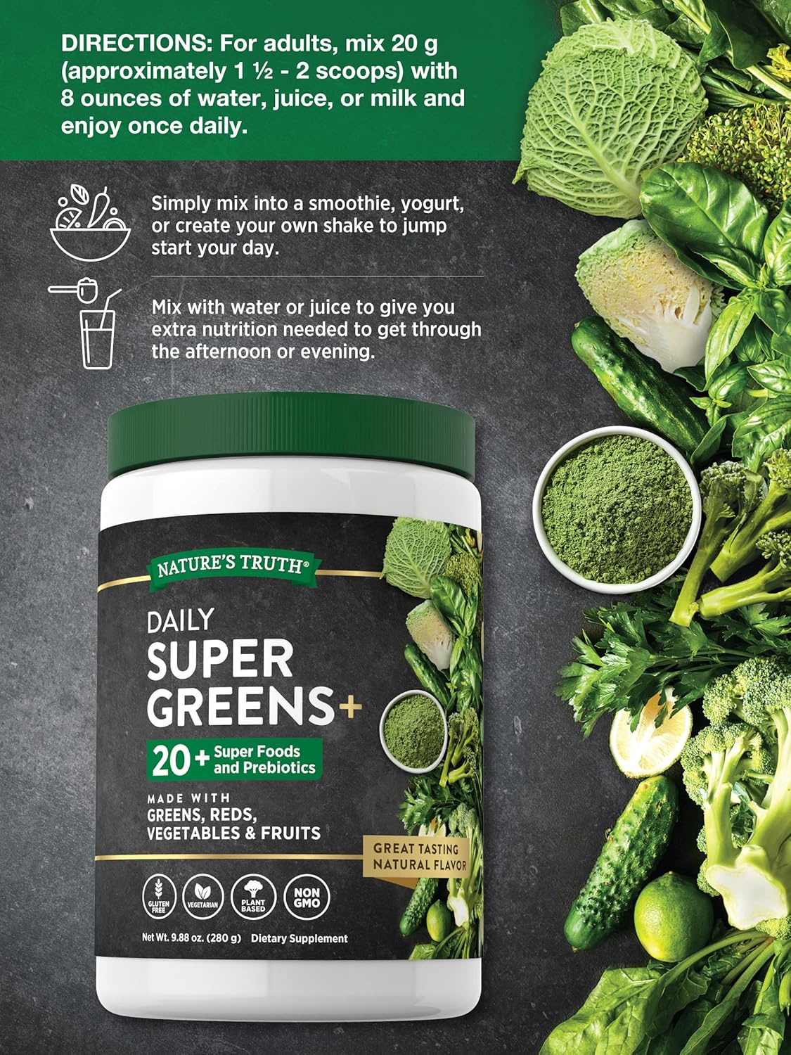 Nature's Truth Super Greens Superfood Powder Supplement | Fruit & Vegetables Blend | Juice & Smoothie Mix | 9.88 oz | Vegan, Non-GMO & Gluten Free - Image 5