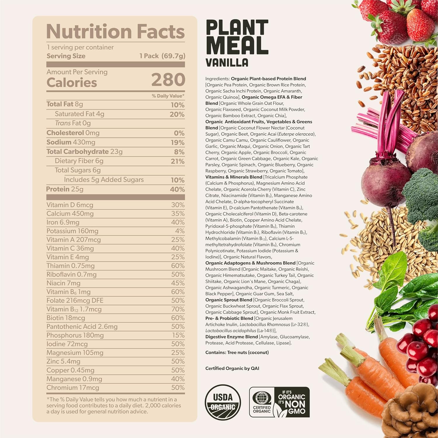 Plant Meal Replacement Shake - Vanilla - 25g of Plant Based Vegan Protein Powder, 76+ Organic Superfoods, Vitamins & Minerals, Mushrooms, Super Greens, Digestive Enzymes & Probiotics - 1 Serving - Image 2