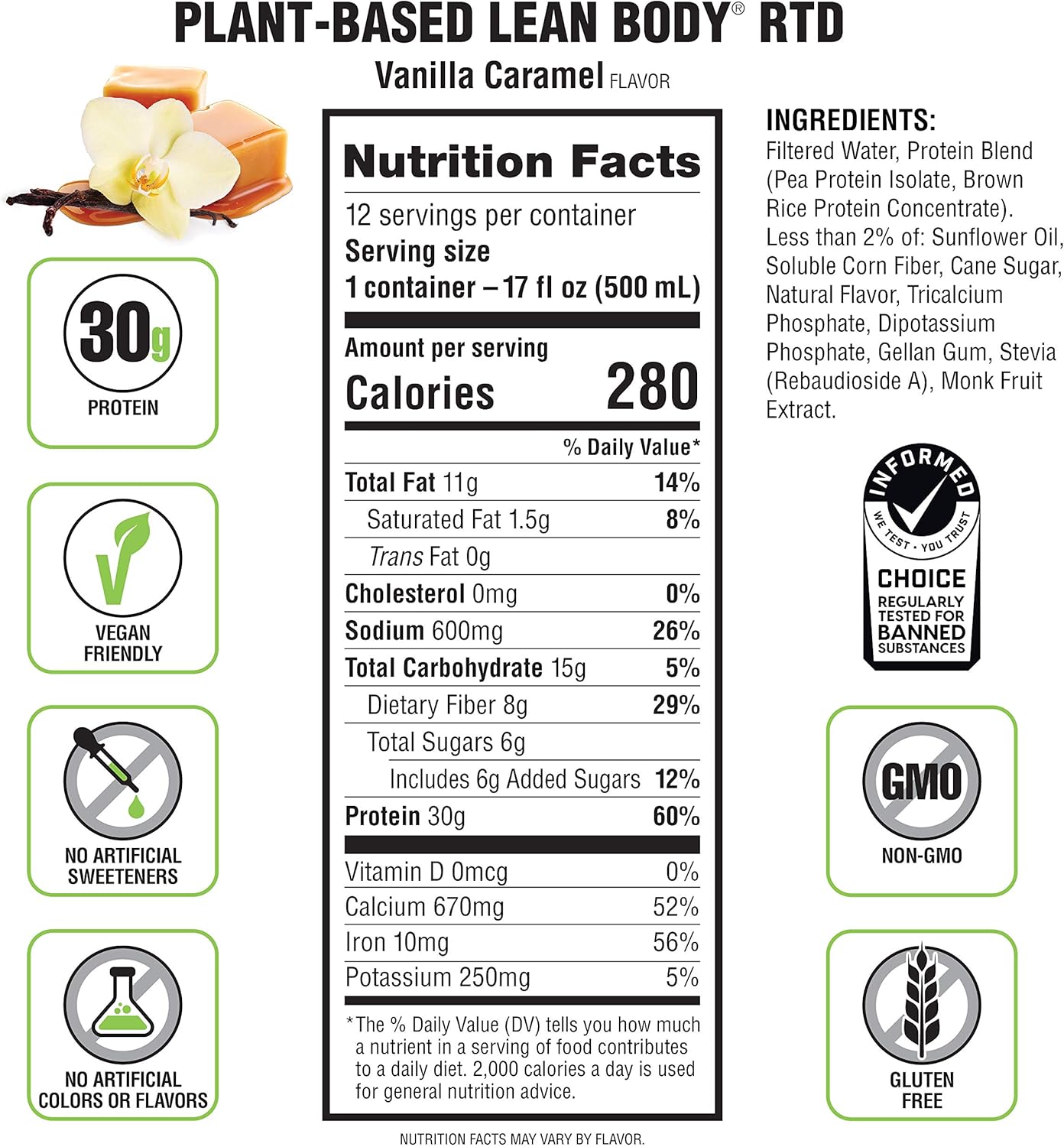 Lean Body Ready-to-Drink, Plant-Based Vegan Vanilla Caramel Protein Shake, 30g Protein, No Artificial Flavors, Sweeteners or Colors, Non GMO, Gluten Free, Premium Pea & Rice Blend (Pack of 12) - Image 6