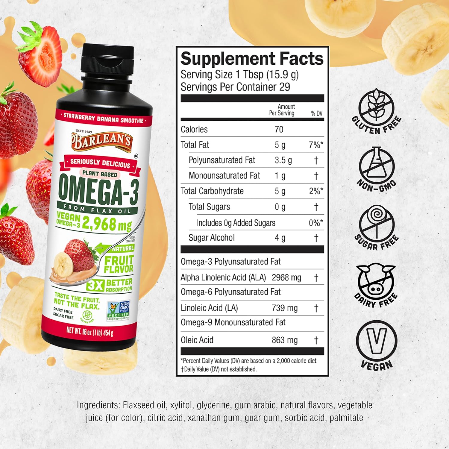 Barlean's Vegan Omega 3 6 9 Flaxseed Oil Liquid Supplement, Strawberry Banana Smoothie, Flax Seeds Oil with 2,968 mg ALA Fatty Acid, Non-GMO and Gluten Free, 16 oz - Image 6