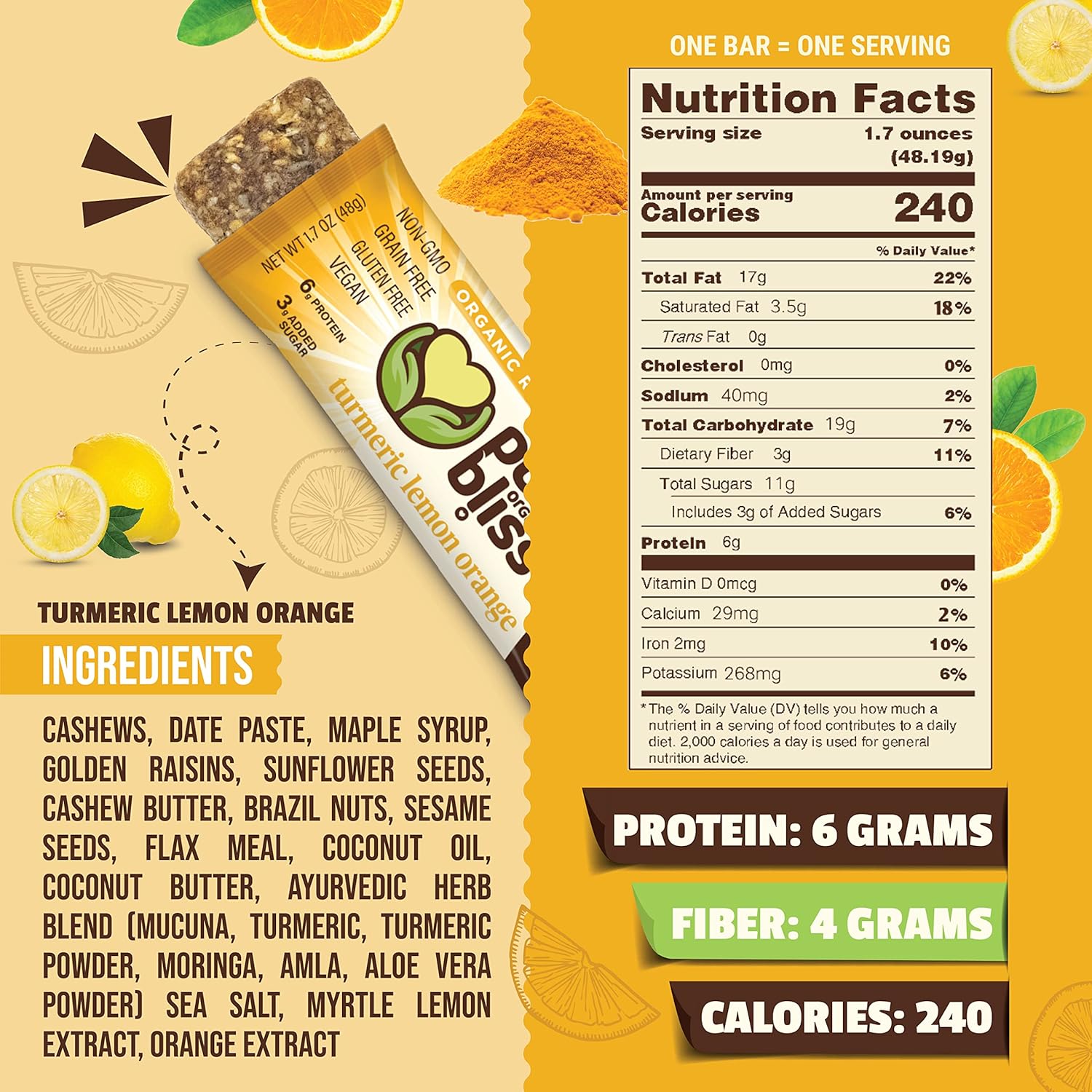Organic Real Food Bars (Turmeric Lemon Orange) Grain Free - Paleo Friendly - Non-GMO, Gluten Free, Vegan, Nutrition Bars, Super Food Energy Bars, Ayurvedic & Adaptogen Herb Blend, Healthy Snack, Breakfast Bars, Dairy Free, Soy Free, Pure Bliss Organics (1.7 oz, 12-Pack Case) - Image 4