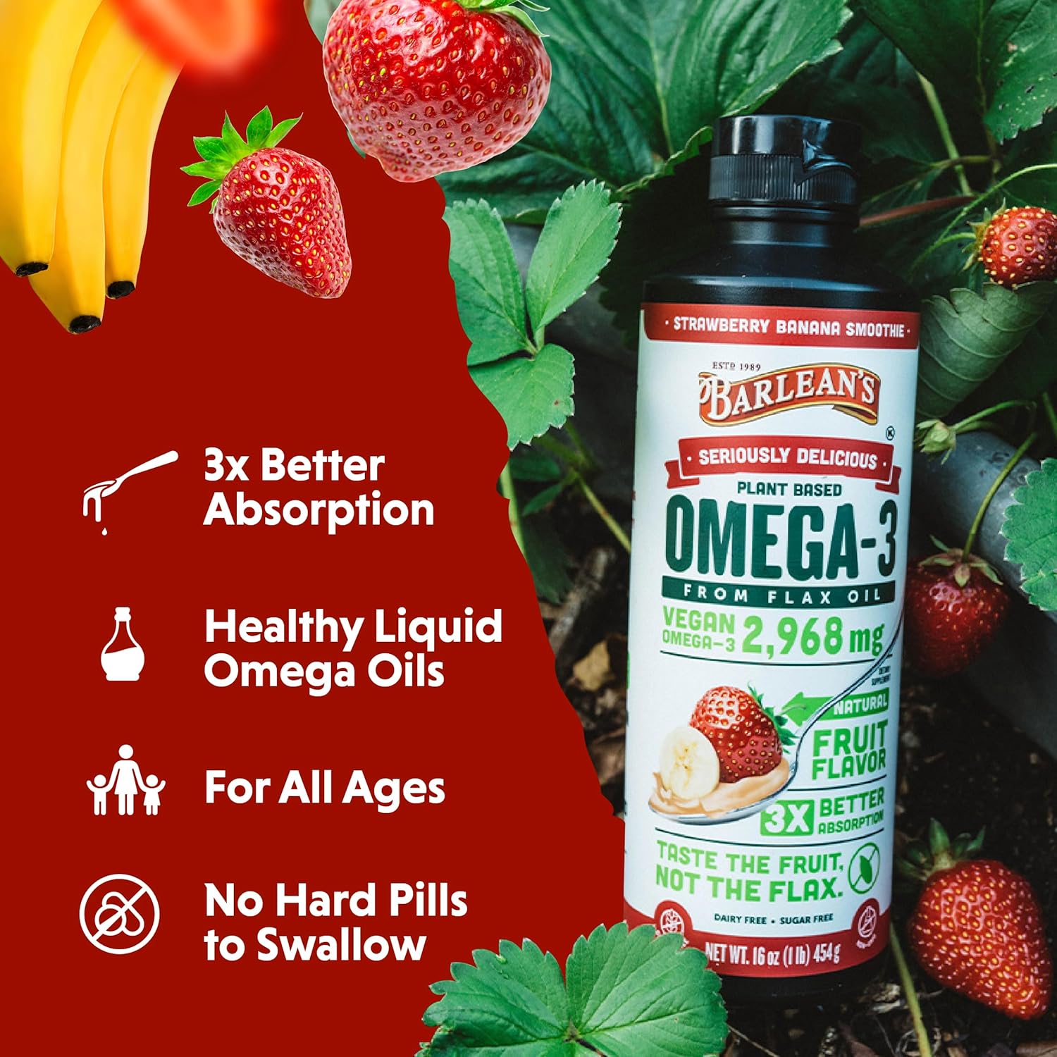 Barlean's Vegan Omega 3 6 9 Flaxseed Oil Liquid Supplement, Strawberry Banana Smoothie, Flax Seeds Oil with 2,968 mg ALA Fatty Acid, Non-GMO and Gluten Free, 16 oz - Image 4