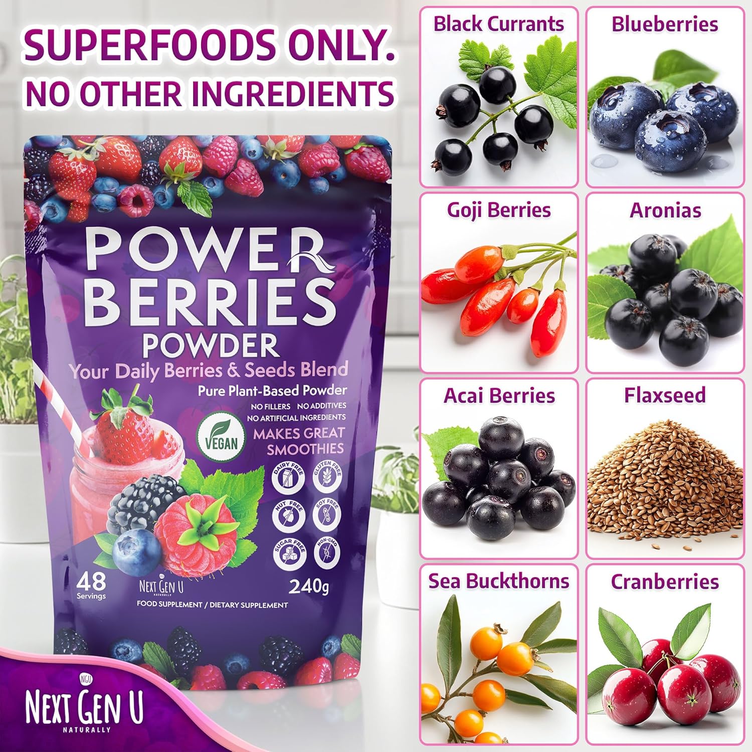Super Berry Powder - 1 Pack, 240g - Immune Support - Food Supplement - Superfood Berries - Smoothie Mix for Shakes - Healthy Boost for Detox Juice Beverages or Any Drink - by NextGenU - Image 2