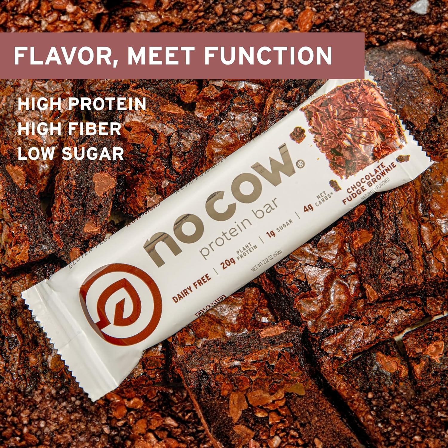 No Cow Vegan Protein Bars, Upgraded Chocolate Fudge Brownie | 20g Plant Based Protein, Gluten Free, Dairy Free, Soy Free, Keto Friendly, Low Sugar, High Fiber Snack Bars | Pack of 12 - Image 5