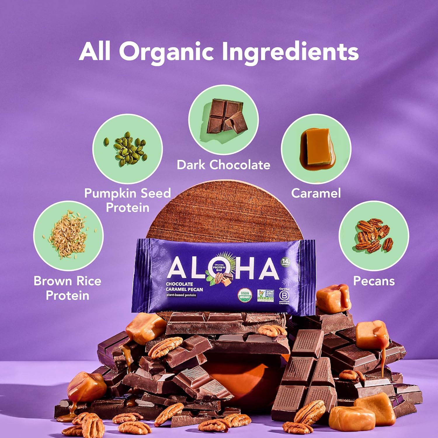 ALOHA Organic Plant Based Protein Bars | Chocolate Caramel Pecan | 12 Count, 1.98oz Bars | Vegan, Low Sugar, Gluten Free, Paleo Friendly, Low Carb, Non-GMO, Stevia Free, Soy Free, No Sugar Alcohol Sweeteners - Image 6