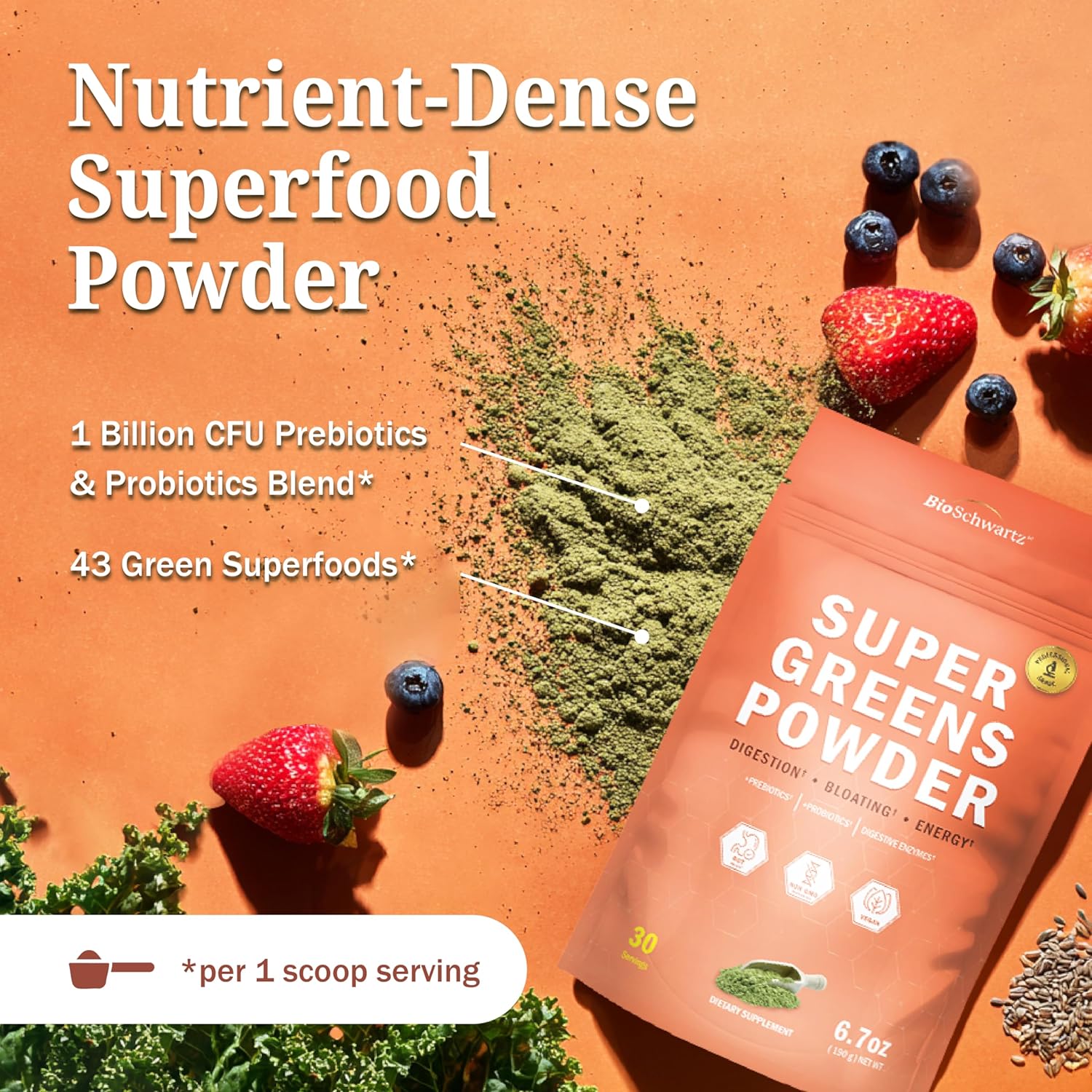 Super Greens Powder Superfood - Greens Powder with Probiotics Prebiotics Digestive Enzymes and 43 Green Superfoods - Chlorophyll Bilberry Chlorella Spirulina Grass - Tastes Amazing - 30 Servings - Image 7