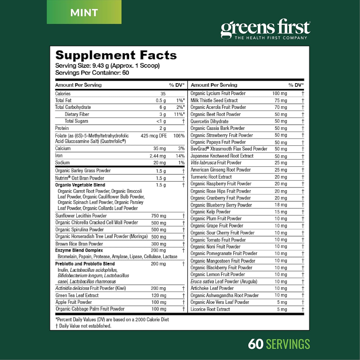 Greens First Original Greens Powder - 49 Superfoods - Organic Fruits & Veggies - Prebiotics, Probiotics & Digestive Enzymes - Antioxidant Smoothie - Dairy Free, Vegan & Non-GMO (Mint, 60 Servings) - Image 9