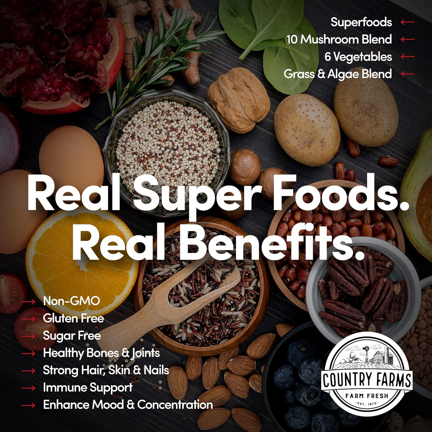 Country Farms Collagen Peptides Powder with Greens Dietary Powder Supplement (Type I, III) for Skin Hair Nail and Joints, Dairy/Gluten/Sugar Free, Energizing Superfoods, Natural, 10.6 Oz 30 Servings - Image 4