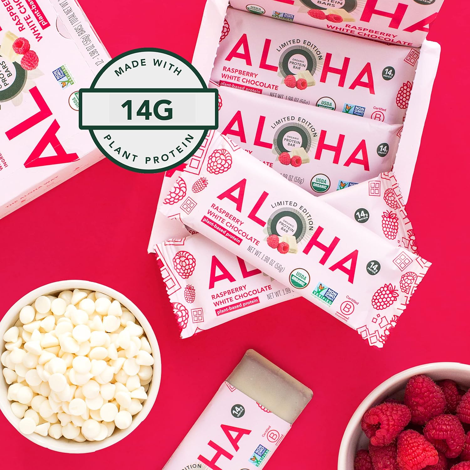 ALOHA Organic Plant Based Protein Bars | Raspberry White Chocolate | 12 Count, 1.98oz Bars | Vegan, Low Sugar, Gluten Free, Paleo, Low Carb, Non-GMO, Stevia Free, Soy Free, No Sugar Alcohol Sweeteners: LIMITED EDITION - Image 5