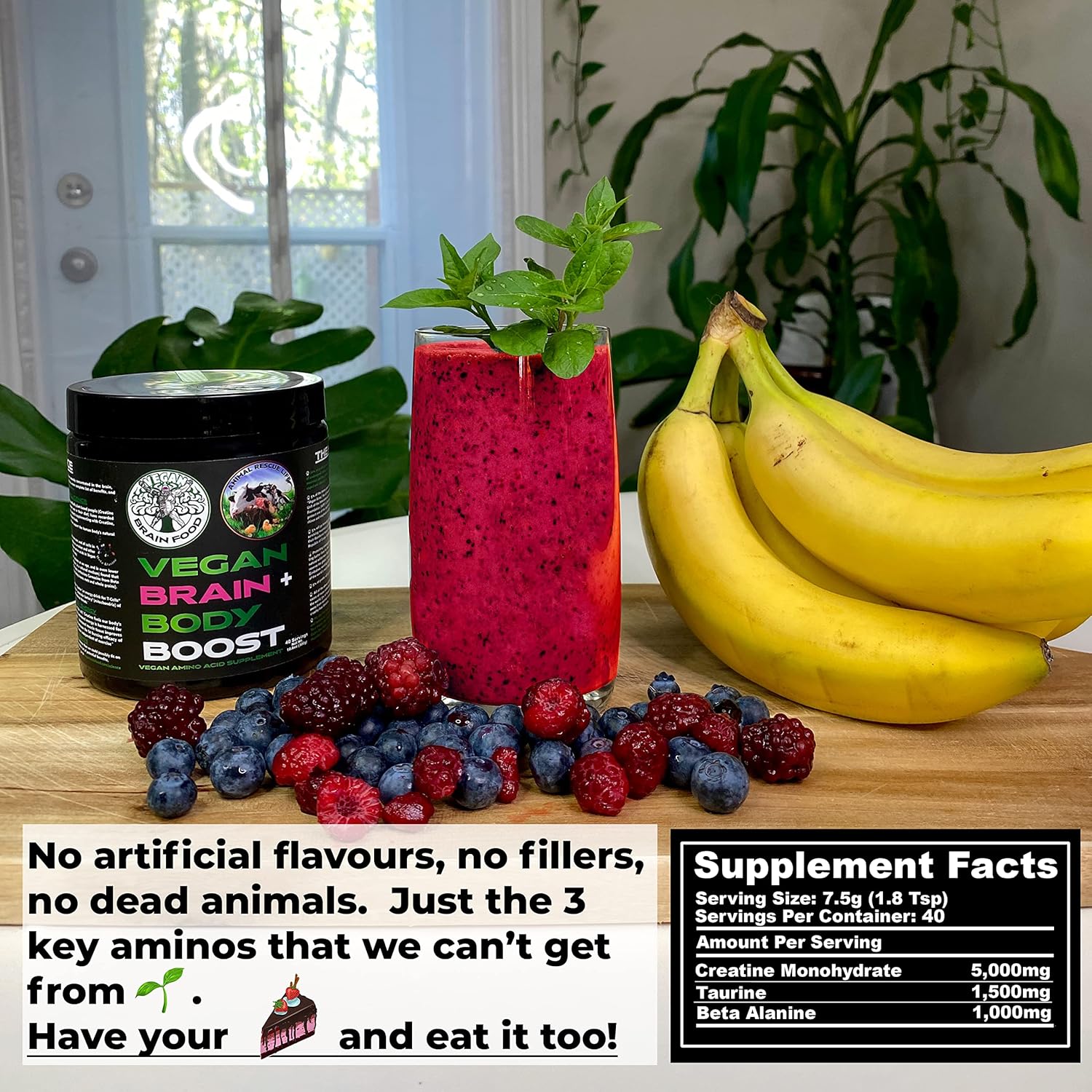 Vegan Brain & Body Boost: The Cherry On Top of A Plant-Based Lifestyle | Working Intelligence | Anti-Aging | Physical Fitness | Vegan Amino Acids - Creatine, Taurine & Beta Alanine | 40 Servings/300g - Image 6