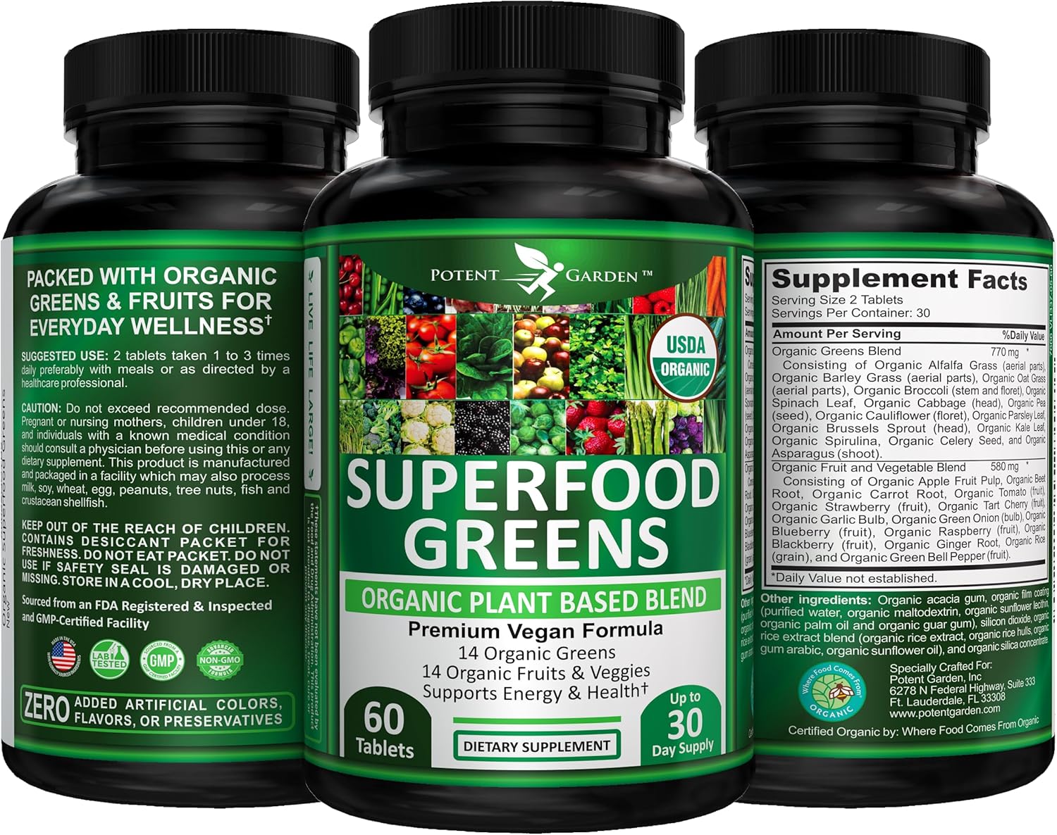 Potent Garden Organic Superfood Greens, Fruit and Veggies Supplement Rich in Vitamins & Antioxidants with Alfalfa, Beet Root & Tart Cherry to Boost Energy, Immunity & Gut Health, Greens Tablets 60 Ct - Image 9