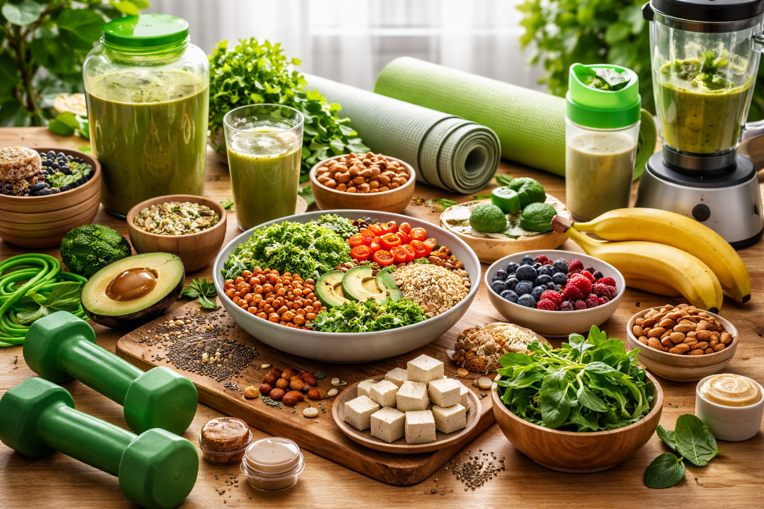 Plant-based nutrition setup with smoothie, greens, and workout essentials