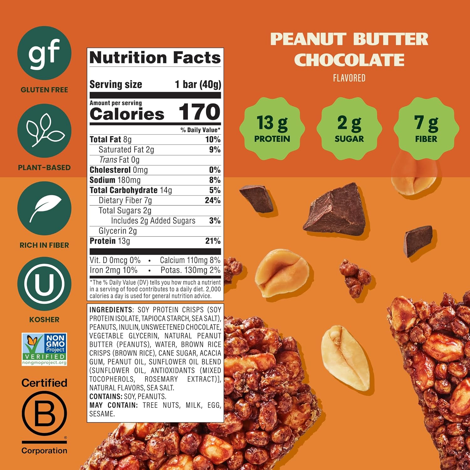 Simply Protein - Peanut Butter Chocolate Crispy Bars - Plant Based Protein Bars - Low Carb, Low Sugar, High Fiber - 13g Protein, 2g Sugar, 7g Fiber - Vegan, Gluten Free, Non GMO, Kosher - 24 Bars - Image 2