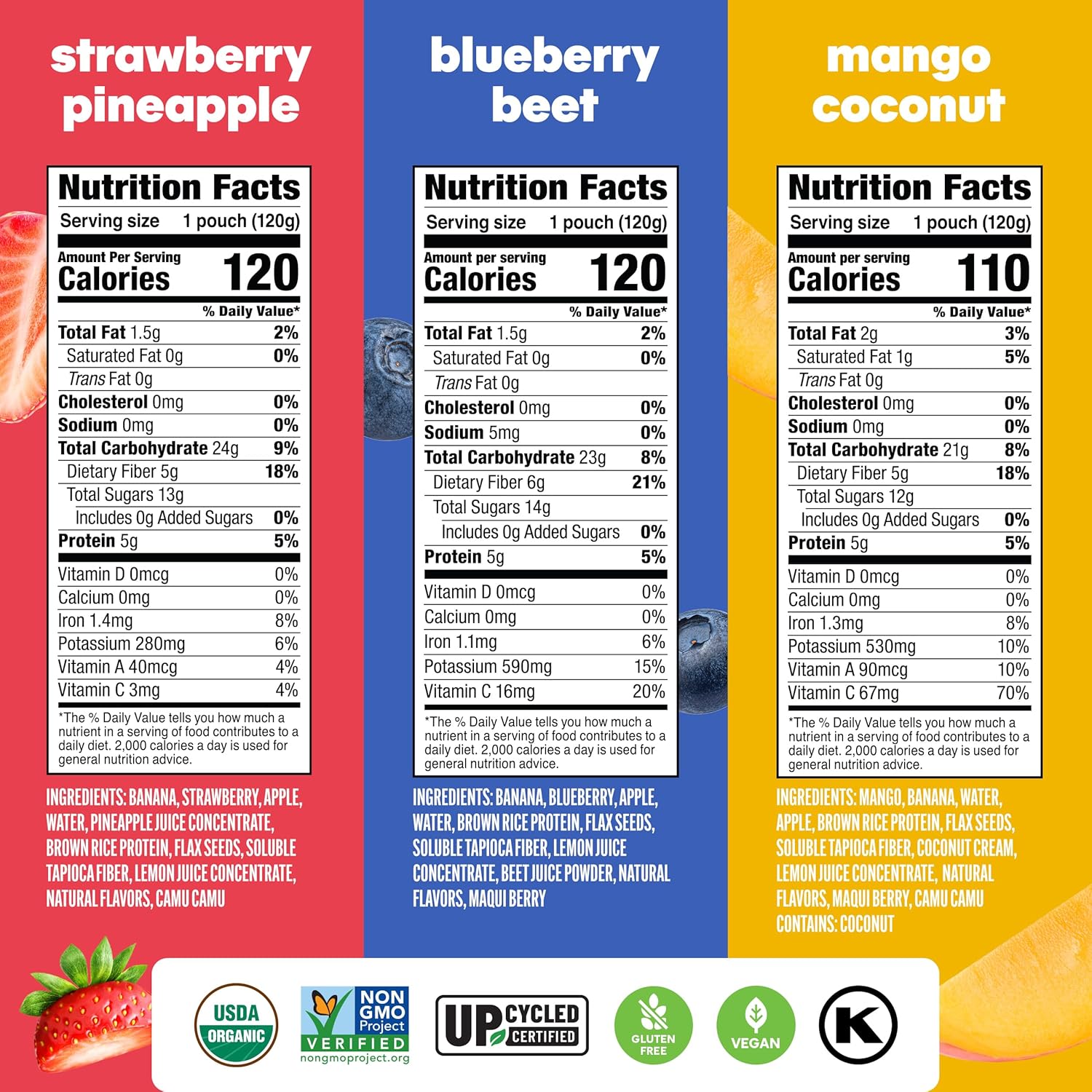 Noka Superfood Fruit Smoothie Pouches Variety Pack, Healthy Snacks with Flax Seed, Plant Protein and Prebiotic Fiber, Vegan and Gluten Free Snacks, Made in USA, Organic Squeeze Pouch, 4.22 oz, 6 Count - Image 2