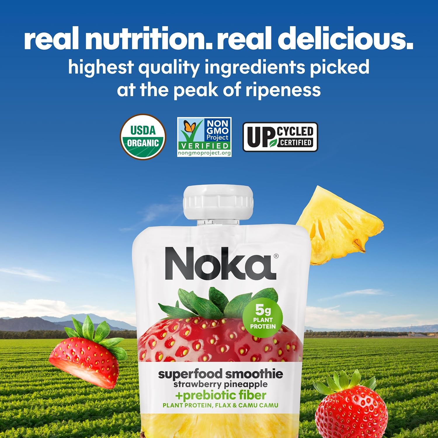 Noka Superfood Fruit Smoothie Pouches Variety Pack, Healthy Snacks with Flax Seed, Plant Protein and Prebiotic Fiber, Vegan and Gluten Free Snacks, Made in USA, Organic Squeeze Pouch, 4.22 oz, 6 Count - Image 8