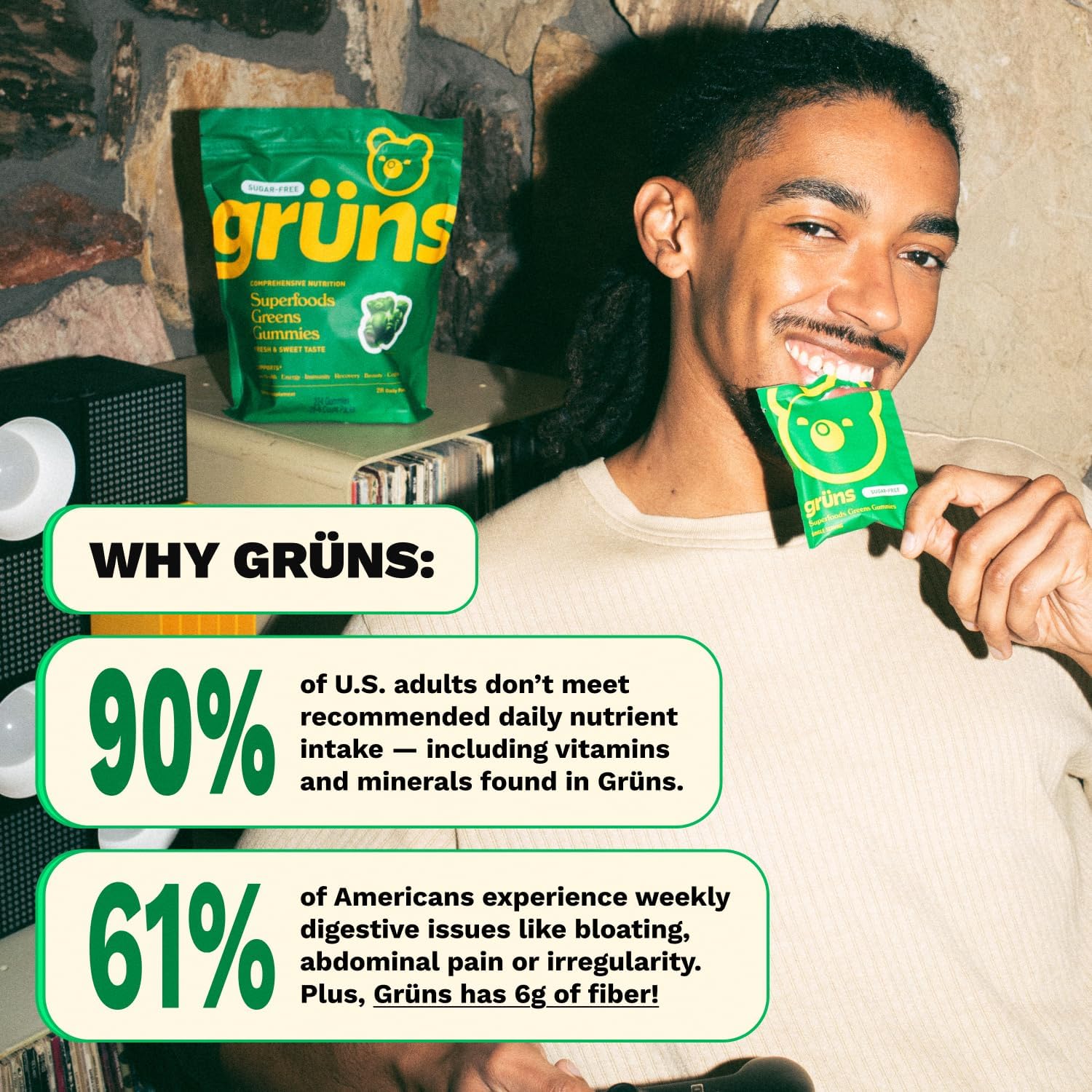 Gruns Adult Sugar-Free Super Greens Multivitamin Gummies, Superfood Gummy Vitamins for Women and Men with Spirulina, Chlorella, Adaptogens & Prebiotic Fiber for Digestive Health (28 Count) - Image 5
