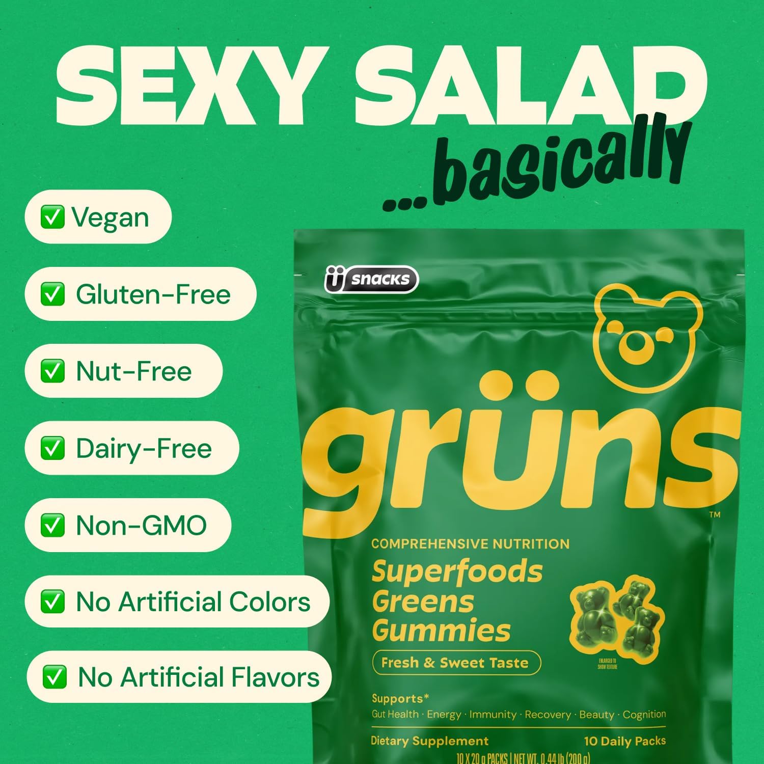Gruns Adult Sugar-Free Super Greens Multivitamin Gummies, Superfood Gummy Vitamins for Women and Men with Spirulina, Chlorella, Adaptogens & Prebiotic Fiber for Digestive Health (28 Count) - Image 6