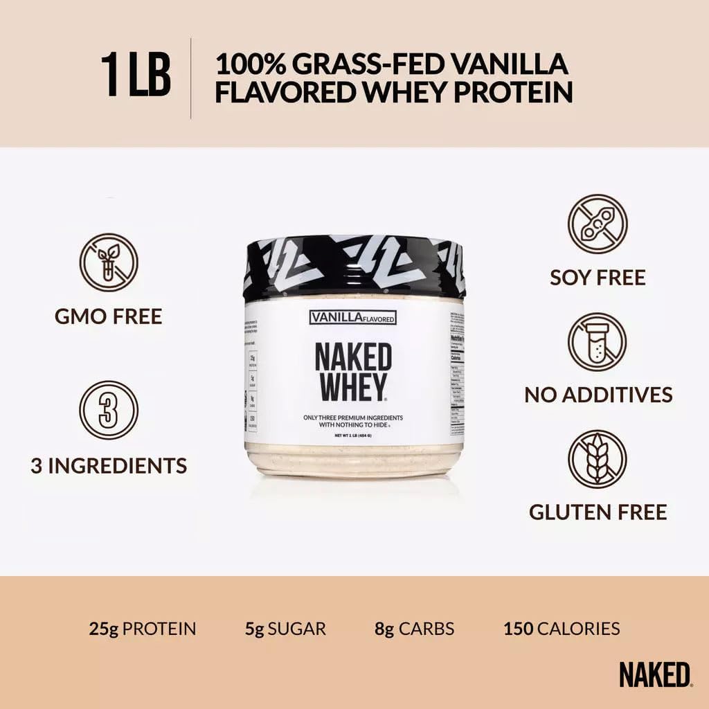 NAKED Vanilla Whey Protein 1Lb, Only 3 Ingredients, All Natural Grass Fed Whey Protein Powder + Vanilla + Coconut Sugar - NSF Certified, GMO-Free, Soy Free, Gluten Free. Aid Muscle Growth, 12 Servings - Image 2