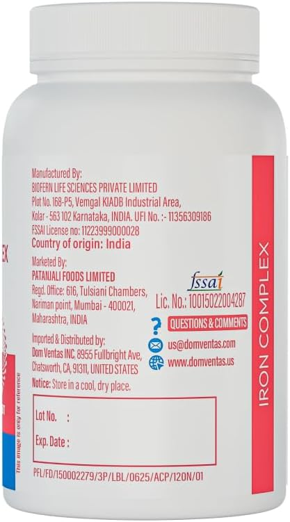 patanjali Nutrela Iron Complex 36mg - Energy & Vitality Support Supplement - Mineral Formula for Men & Women - 120 Vegetarian Capsule - Image 3