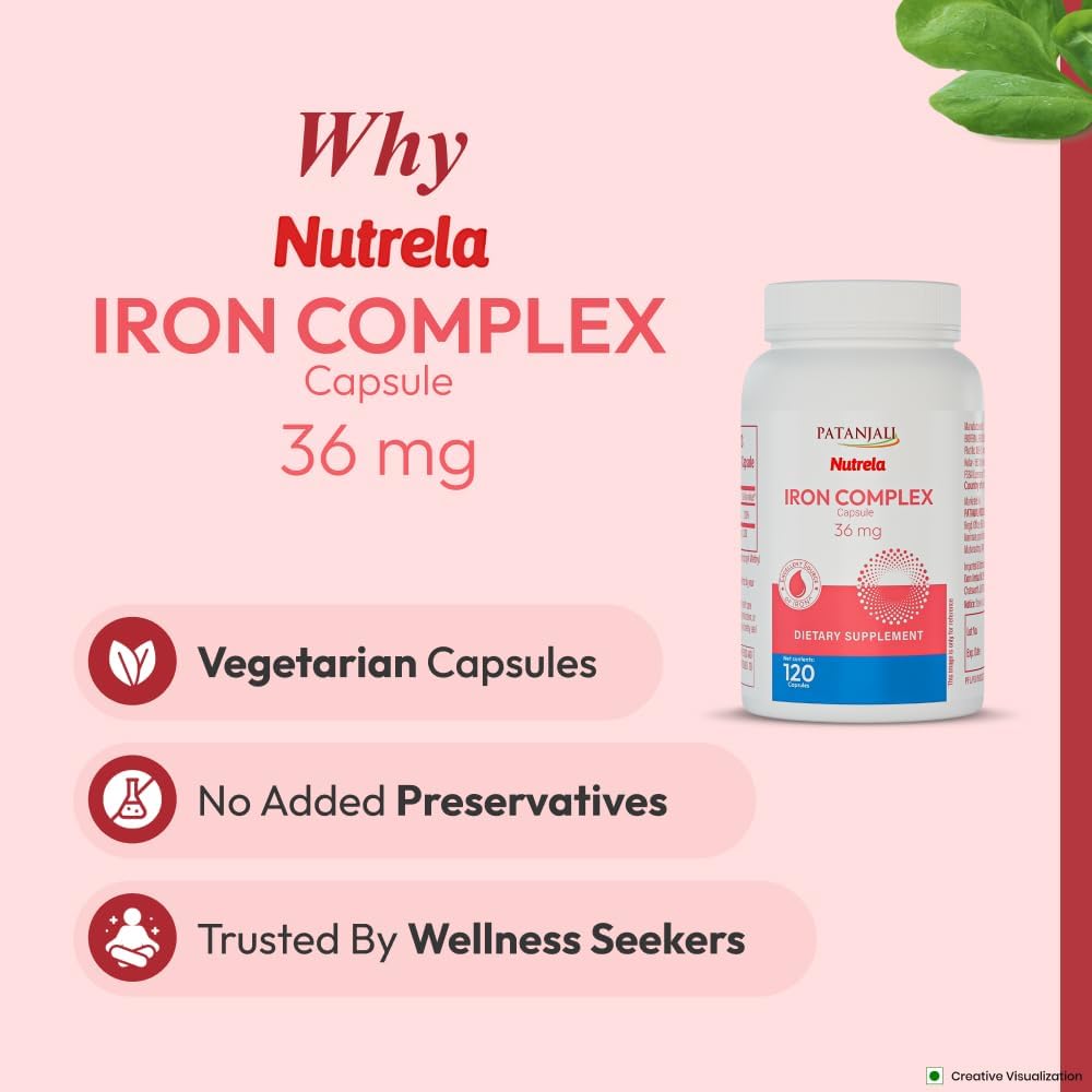 patanjali Nutrela Iron Complex 36mg - Energy & Vitality Support Supplement - Mineral Formula for Men & Women - 120 Vegetarian Capsule - Image 6