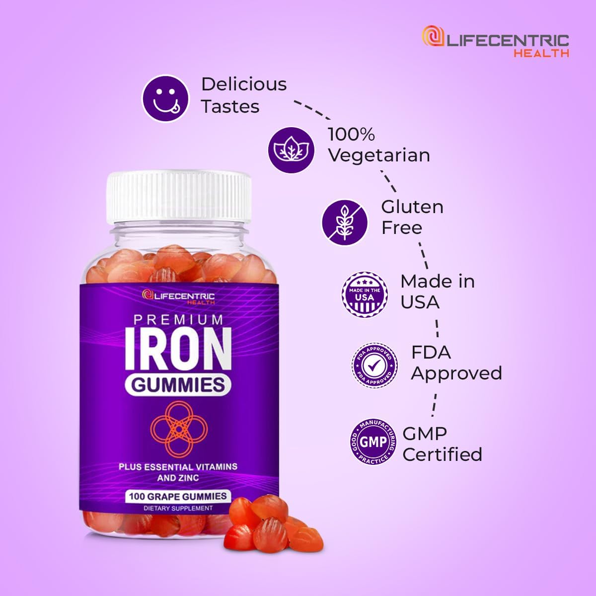 LifeCentricHealth Iron Gummies | Biotin Zinc Vitamin B Folic Acid Gummies | Vegan Gluten Free for Women & Men - Image 6