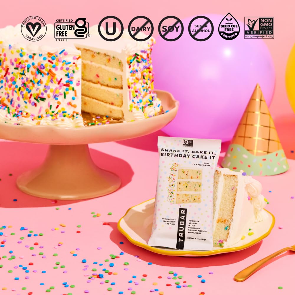 TRUBAR Vegan Protein Bars, Frosted & Fabulous Variety Pack, Donuts, Strawberry Shortcake & Birthday Cake, Gluten Free, Plant Based, High Fiber, Dairy Free, On the Go Healthy Snacks, 12 Count - Image 6