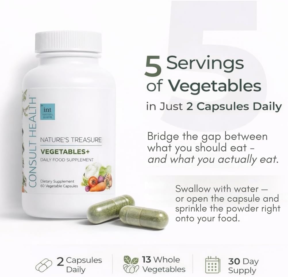 Consult Health Nature's Treasure Mega Vegetables+ Dietary Supplement, Daily Green Superfood, Vegan,100% Plant Based Nutrition, 60 Capsules - Image 2