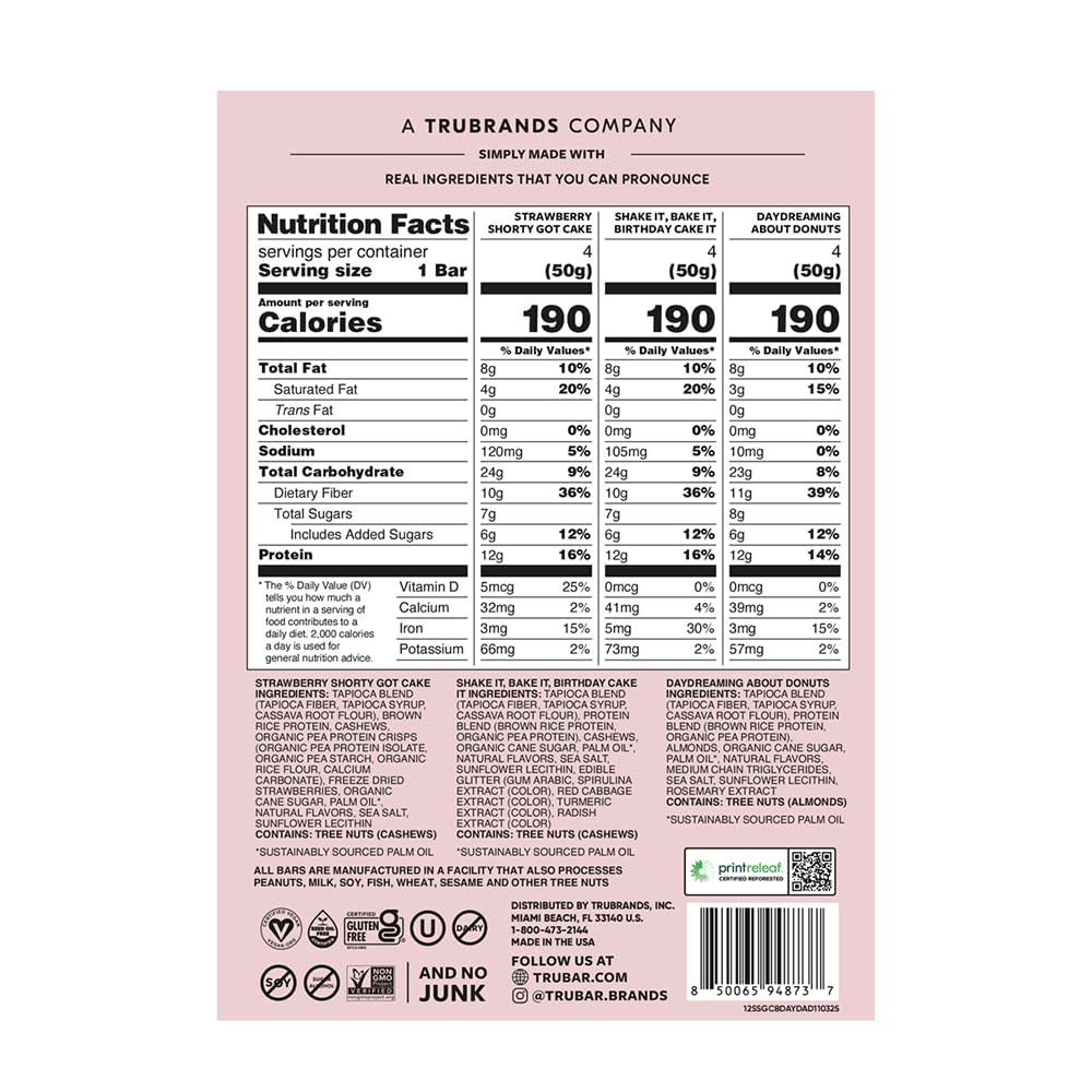 TRUBAR Vegan Protein Bars, Frosted & Fabulous Variety Pack, Donuts, Strawberry Shortcake & Birthday Cake, Gluten Free, Plant Based, High Fiber, Dairy Free, On the Go Healthy Snacks, 12 Count - Image 2