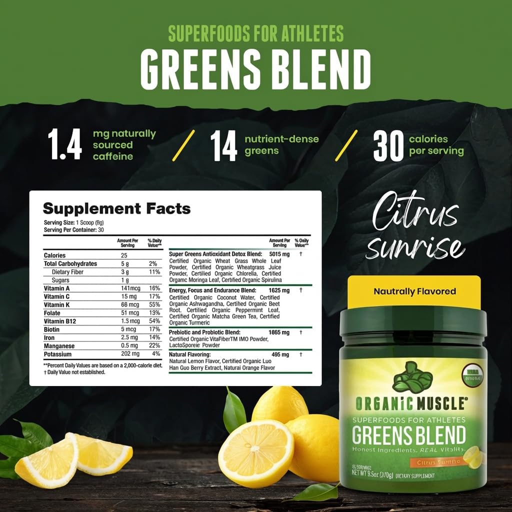 Organic Muscle Super Greens Powder superfood Supplement | USDA Certified Organic with Spirulina, Chlorella, Matcha, Probiotics | Plant Based, Vegan, Keto, Non-GMO | Lemon Flavor, 30 Servings - Image 4