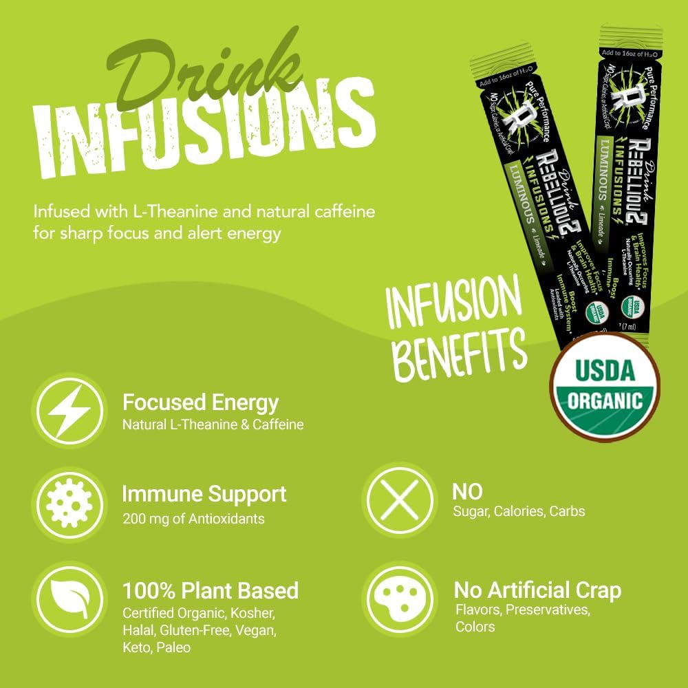 Rebellious Luminous Limeade Organic Drink Mix – Zero Calorie Energy Drink Mix | Monk Fruit & Green Tea Extract | L-Theanine + Natural Caffeine | 100% Plant-Based | Pack of 10 | Keto,Gluten-Free - Image 8