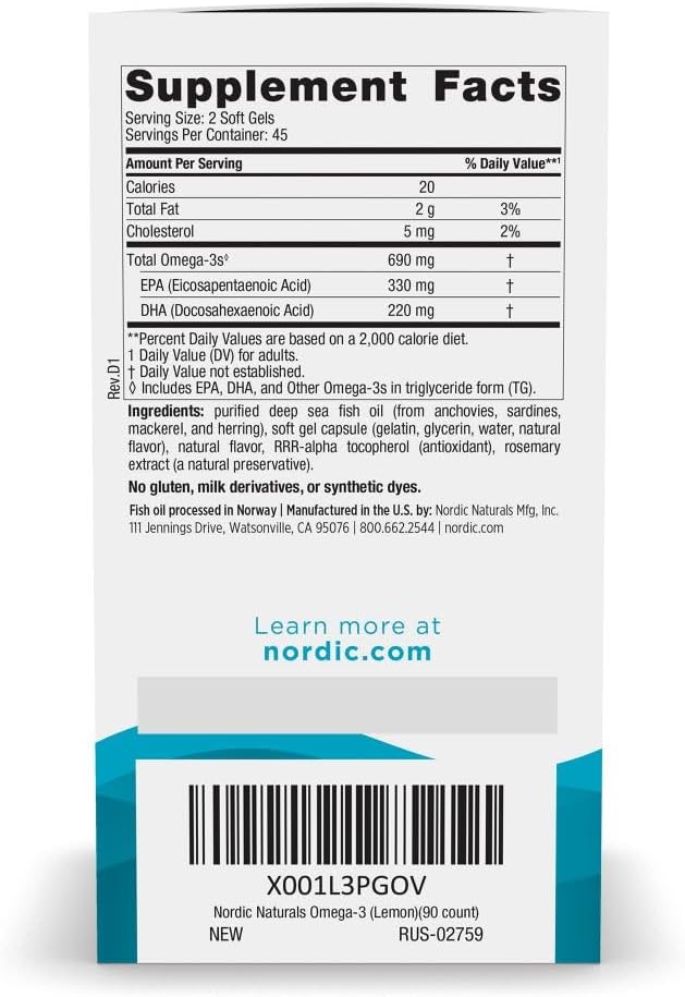 Nordic Naturals Omega-3, Lemon Flavor - 90 Soft Gels - 690 mg Omega-3 - Fish Oil - EPA & DHA - Immune Support, Brain & Heart Health, Optimal Wellness - Non-GMO - 45 Servings - Image 2