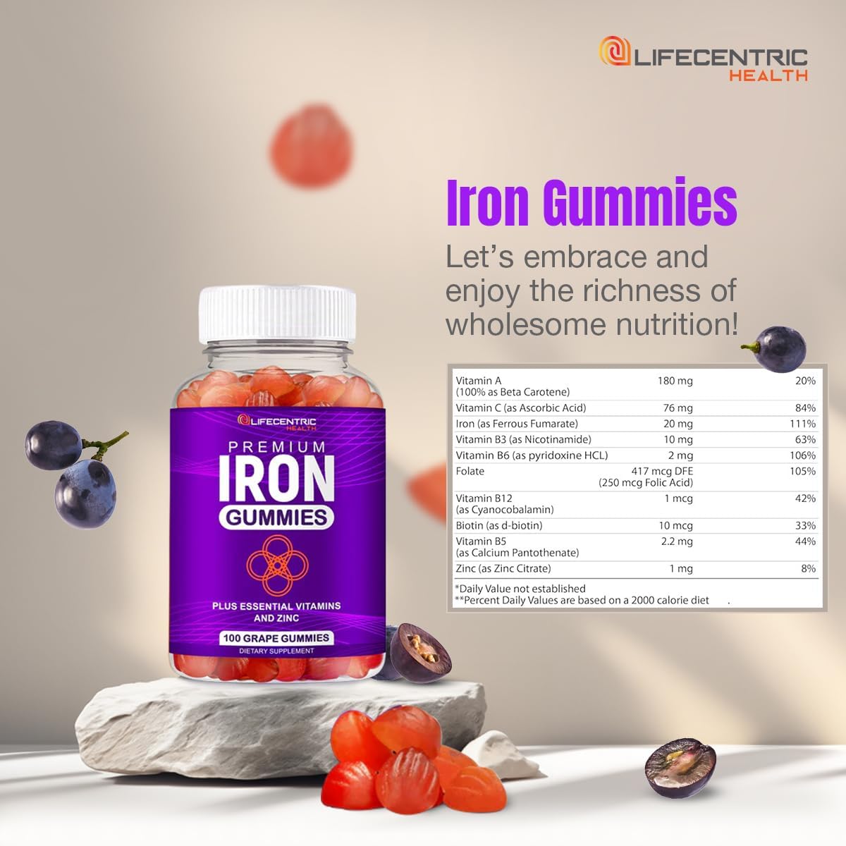LifeCentricHealth Iron Gummies | Biotin Zinc Vitamin B Folic Acid Gummies | Vegan Gluten Free for Women & Men - Image 9